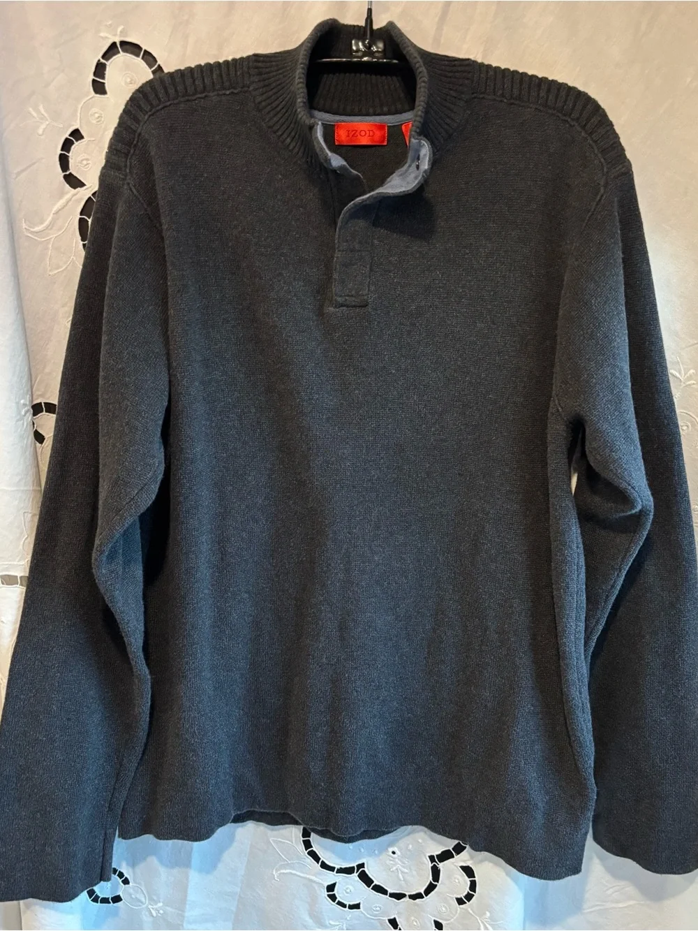 IZOD Mens Large Mock Neck Snap Sweater Charcoal Knit Pullover Casual Golf